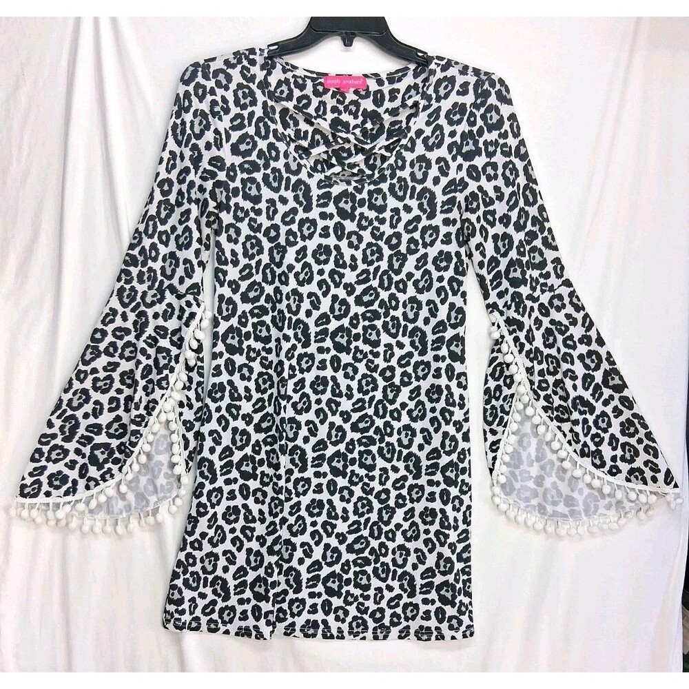 Simply Southern Women S Pompom Leopard Mini Dress Swimsuit Coverup Resortwear